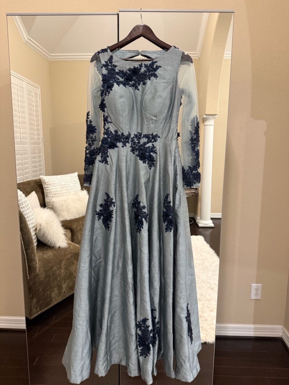 Light Blue Evening Gown with Navy Appliqué